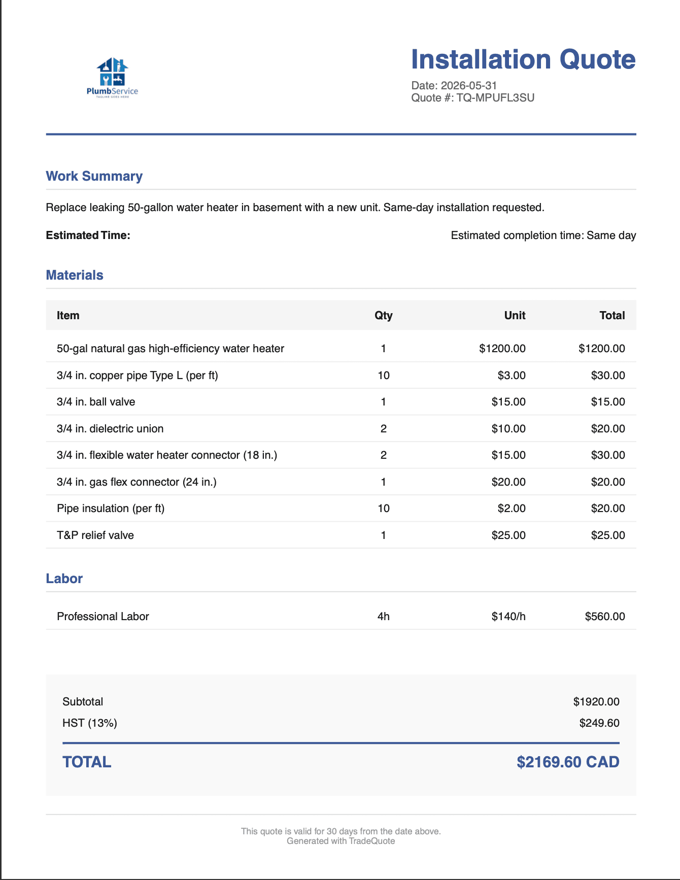 Sample PDF quote